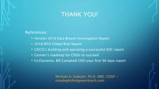 THANK YOU!
References:
• Verizon 2018 Data Breach Investigation Report
• 2018 WTO Global Risk Report
• CISCO’s building and operating a successful SOC report
• Gartner’s roadmap for CISOs to succeed
• Co3Systems, Bill Campbell CISO your first 90 days report
Michael A. Sadeghi, Ph.D. ABD. CISSP. |
msadeghi@edgeworktech.com
 