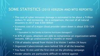 SOME STATISTICS (2018 VERIZON AND WTO REPORTS)
• The cost of cyber intrusion damage is estimated to be about a Trillion
dollars/Yr and increasing. As a comparison, the cost of all natural
disasters in 2017 was $300 Billion
• Economic cost of a major cloud provider taken down is about $50-120
Billion
• Equivalent to the Sandy to Katrina hurricane damages!!!
• In 87% of cases, attackers are able to compromise an organization within
minuets. 68% go undiscovered for months or more!
• 75% of attacks spread from Victim 0 to Victim 1 within 24 hours
• Organized Cybercriminals were behind 50% of all the breaches
• You have 16 min until the first click on the phishing campaign
• Insider attacks are particularly difficult to defend against
 