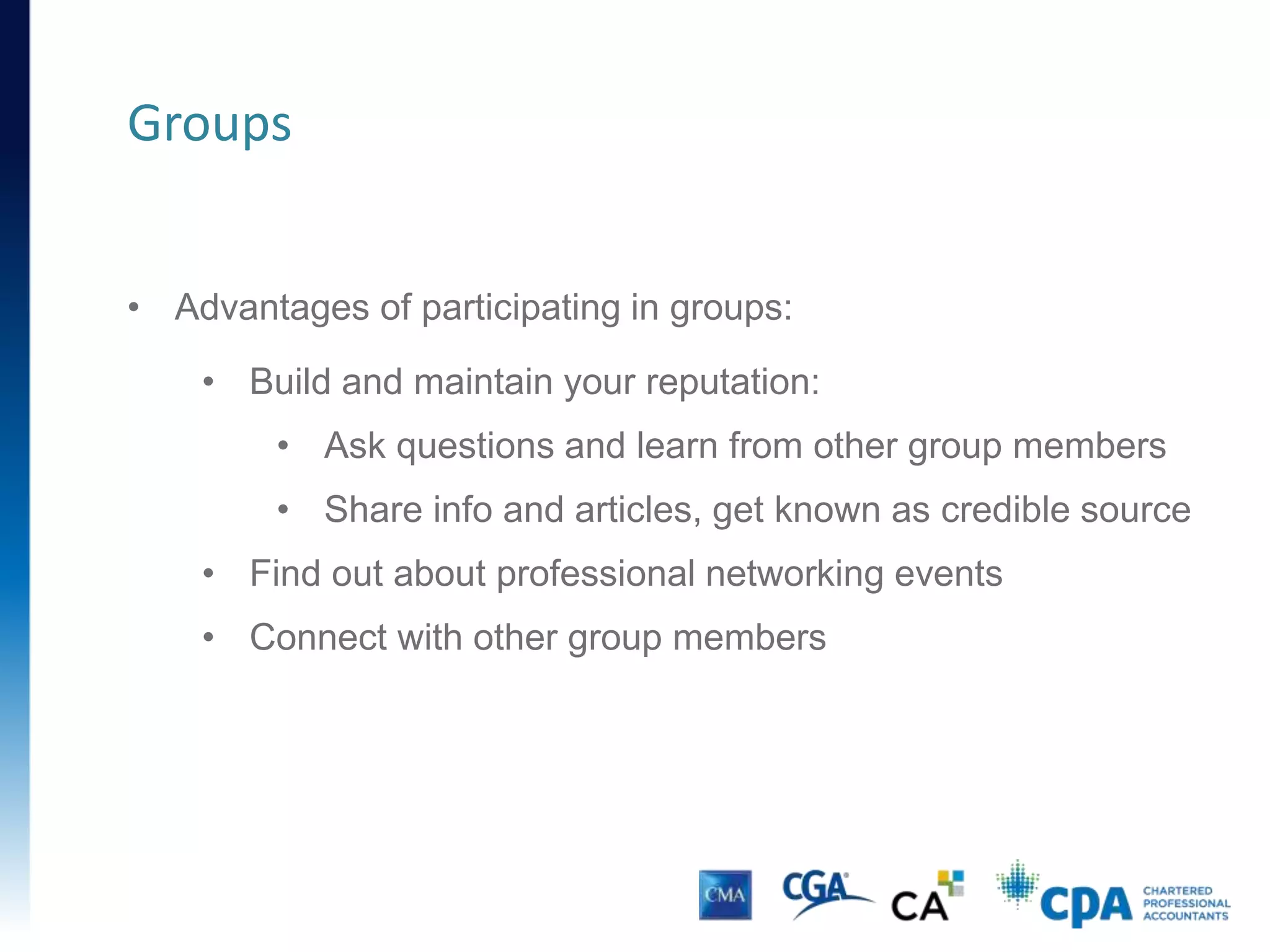 Connecting
• CAUTION!
• This is IMPORTANT…
• Be careful about connecting using your smartphone
• The LinkedIn mobile app now allows you to personalize
your connection request, BUT it’s not the default setting
(and it only works for 2nd- and 3rd-degree connections).
• To personalize, first go to the person’s profile page and…
 