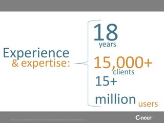 18
                                                                                                    years
Experience
 & expertise:                                                                                       15,000+
                                                                                                      clients
                                                                                                    15+
                                                                                                    million users
 ©2011 Concur, all rights reserved. Concur is a registered trademark of Concur Technologies, Inc.
 