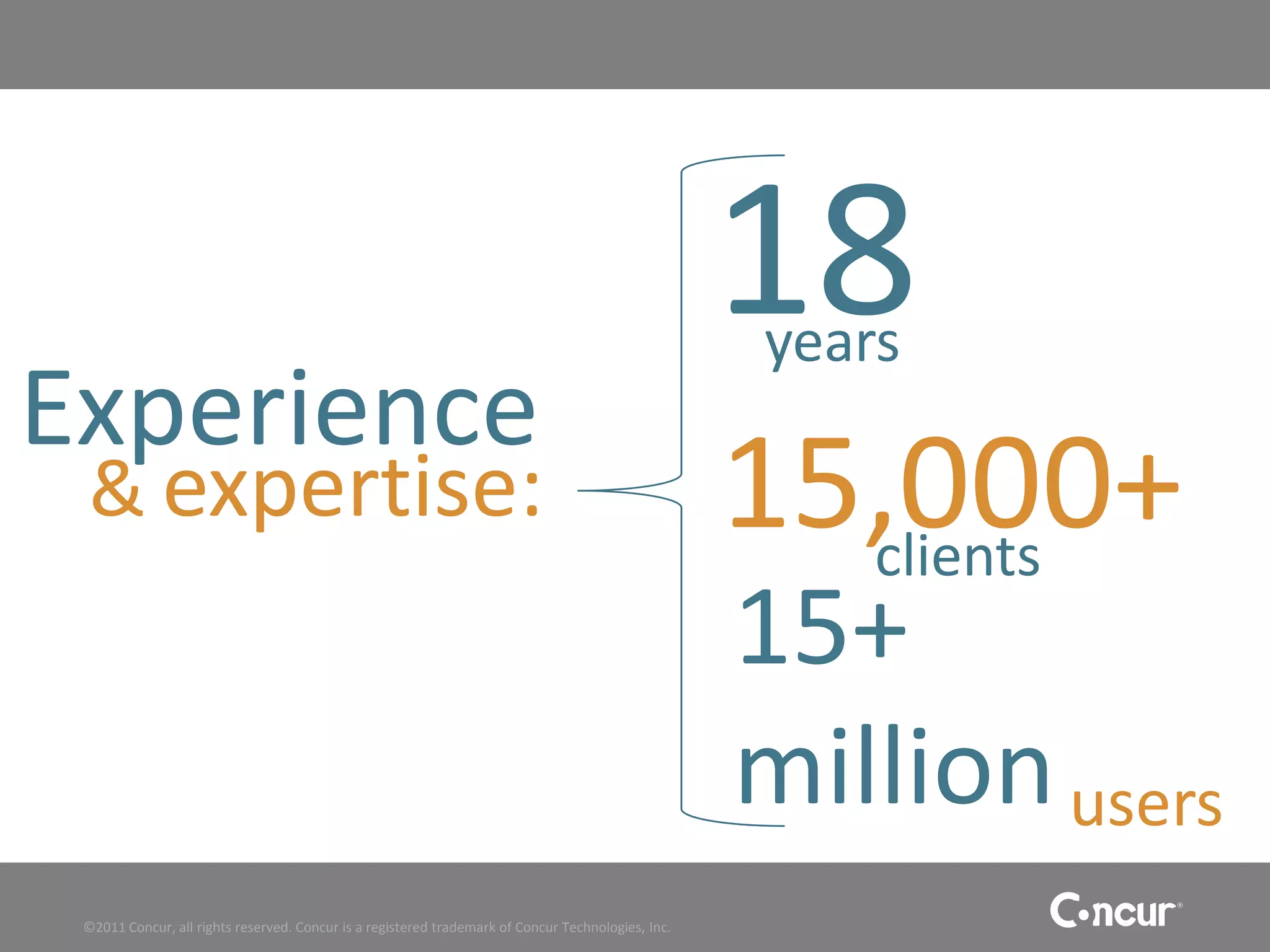18
                                                                                                    years
Experience
 & expertise:                                                                                       15,000+
                                                                                                      clients
                                                                                                    15+
                                                                                                    million users
 ©2011 Concur, all rights reserved. Concur is a registered trademark of Concur Technologies, Inc.
 
