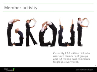 Member activity




                  Currently 17.8 million LinkedIn
                  users are members of groups
      ...