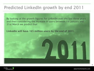 Predicted LinkedIn growth by end 2011

 By looking at the growth figures for LinkedIn over the last three years
 and then ...