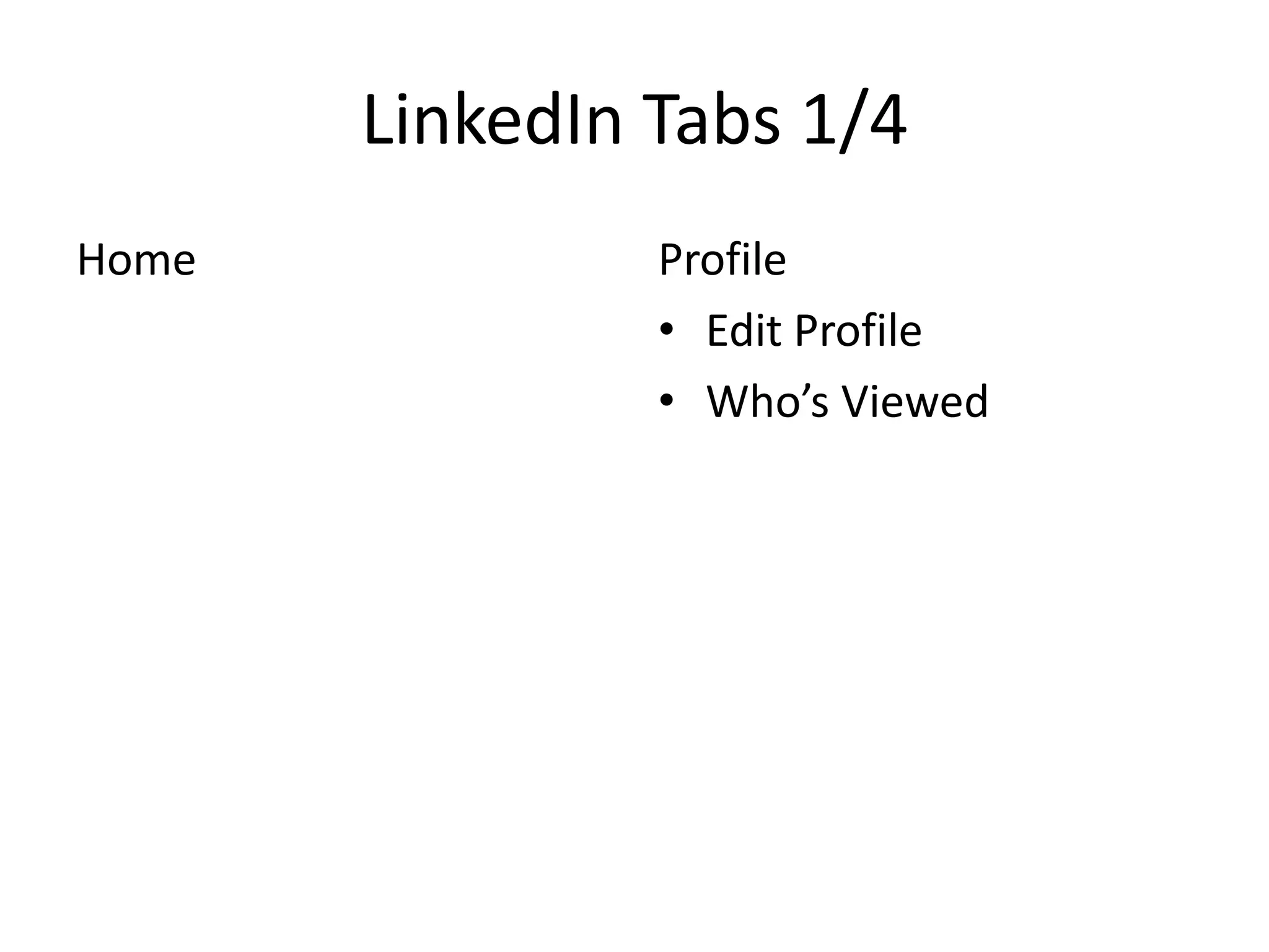 LinkedIn Tabs 1/4
Home

Profile
• Edit Profile
• Who’s Viewed

 