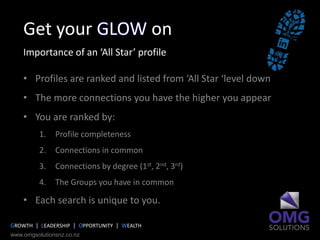 • Profiles are ranked and listed from ‘All Star ‘level down
• The more connections you have the higher you appear
• You are ranked by:
1. Profile completeness
2. Connections in common
3. Connections by degree (1st, 2nd, 3rd)
4. The Groups you have in common
• Each search is unique to you.
Get your GLOW on
Importance of an ‘All Star’ profile
GROWTH | LEADERSHIP | OPPORTUNITY | WEALTH
www.omgsolutionsnz.co.nz
 