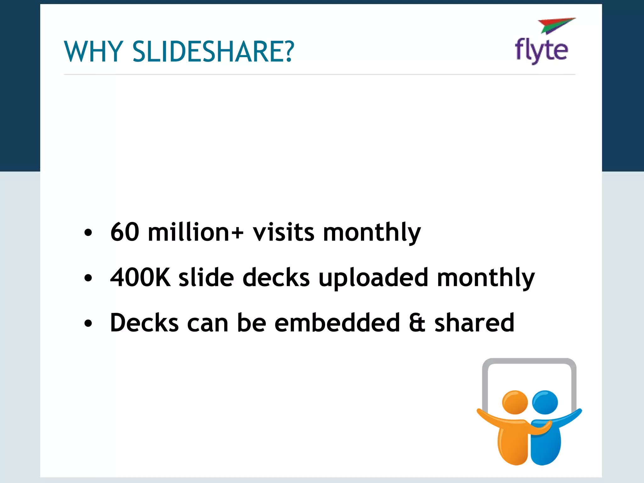 WHY SLIDESHARE?




 • 60 million+ visits monthly
 • 400K slide decks uploaded monthly
 • Decks can be embedded & shared
 