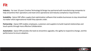 Fit
11
Industry - For over 10 years Creative Technology & Design has partnered with manufacturing companies to
help streamline their operations and meet strict operational and industry compliance requirements.
Scalability - Epicor ERP offers supply chain optimization software that enables businesses to stay streamlined
no matter what organizational model they operate under.
Partnership – Epicor ERP enables employees, customers and suppliers to build inspired relationships and
touch-points through more effective Collaboration.
Automation - Epicor ERP provides the tools to streamline upgrades, the agility to respond to change, and the
performance to ensure adoption.
 