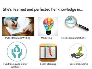 Fundraising and Donor Event planning Entrepreneurship
Relations
Public RelationsWriting Marketing Crisis Communications
She’s learned and perfected her knowledge in…
 