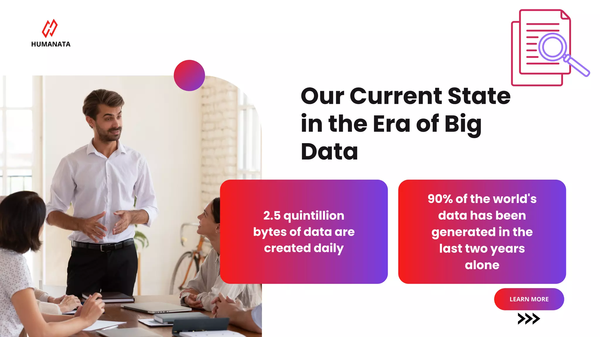 HUMANATA
2.5 quintillion
bytes of data are
created daily
90% of the world's
data has been
generated in the
last two years
alone
Our Current State
in the Era of Big
Data
LEARN MORE
 