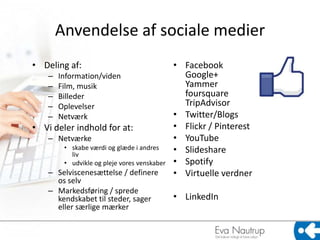 Anvendelse af sociale medier
• Deling af:                                  • Facebook
    –   Information/viden                       Google+
    –   Film, musik                             Yammer
    –   Billeder                                foursquare
    –   Oplevelser                              TripAdvisor
    –   Netværk                               • Twitter/Blogs
• Vi deler indhold for at:                    • Flickr / Pinterest
    – Netværke                                • YouTube
         • skabe værdi og glæde i andres      • ݺߣshare
           liv
         • udvikle og pleje vores venskaber   • Spotify
    – Selviscenesættelse / definere           • Virtuelle verdner
      os selv
    – Markedsføring / sprede
      kendskabet til steder, sager            • LinkedIn
      eller særlige mærker
 