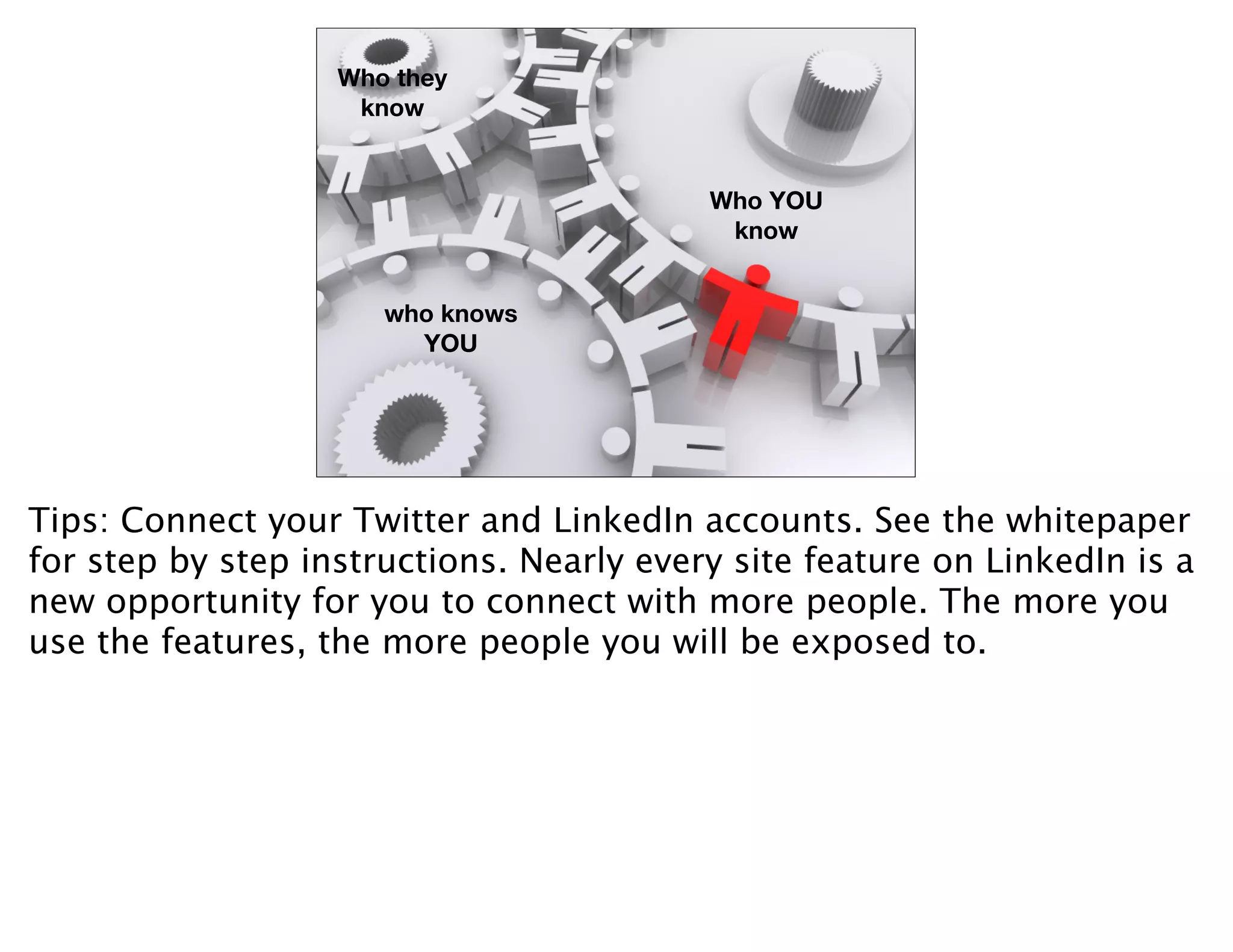 Who they
                    know


                                          Who YOU
                                           know


                      who knows
                        YOU




Tips: Connect your Twitter and LinkedIn accounts. See the whitepaper
for step by step instructions. Nearly every site feature on LinkedIn is a
new opportunity for you to connect with more people. The more you
use the features, the more people you will be exposed to.
 
