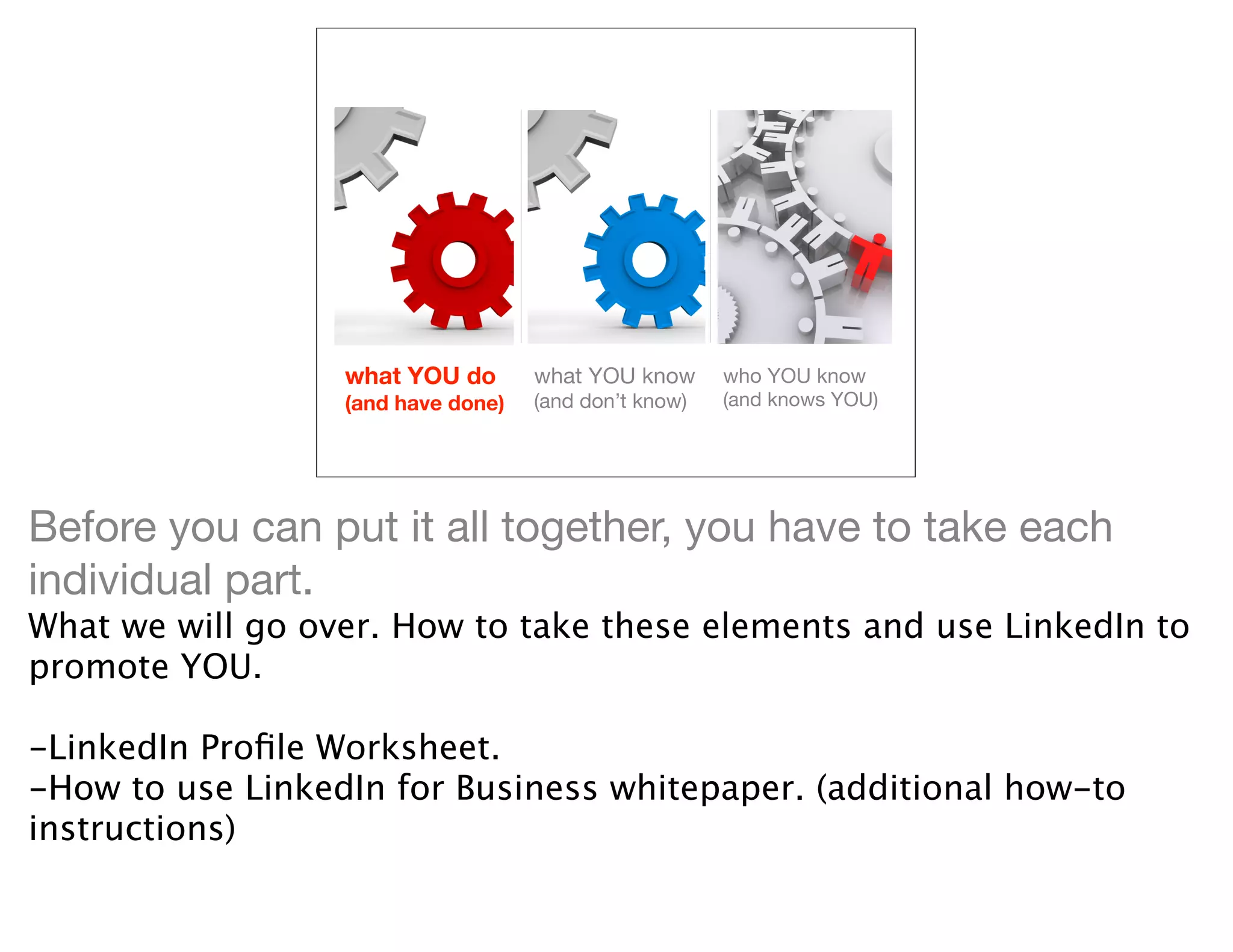 what YOU do       what YOU know      who YOU know
                  (and have done)   (and don’t know)   (and knows YOU)




Before you can put it all together, you have to take each
individual part.
What we will go over. How to take these elements and use LinkedIn to
promote YOU.

-LinkedIn Proﬁle Worksheet.
-How to use LinkedIn for Business whitepaper. (additional how-to
instructions)
 