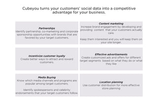Cubeyou turns your customers’ social data into a competitive
                    advantage for your business.

                                                               Content marketing
                                                 Increase brand engagement by developing and
                   Partnerships
                                                 providing content that your customers actually
Identify partnership, co-marketing and corporate
                                                                      care.
 sponsorship opportunities with brands that are
        favored by your target customers.
                                                 Keep them interested and you will keep them on
                                                                your site longer.



                                                             Effective advertisements
         Incentivize customer loyalty
                                                   Create customized ads and offers for different
   Create better ways to attract and reward
                                                  target segments based on what they do or what
                  customers.
                                                                     they like




               Media Buying
 Know which media channels and programs are
                                                               Location planning
      popular among target customers.
                                                    Use customer distribution for more effective
                                                                 store planning
     Identify spokespersons and celebrity
endorsements that your target customers follow.
 