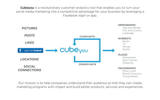 Cubeyou is a revolutionary customer analytics tool that enables you to turn your
social media marketing into a competitive advantage for your business by leveraging a
                                Facebook login or app.


                                                                   DEMOGRAPHIC
   PICTURES                                                        	  Age and Gender
                                                                   	  City and Country
                                                                   	Language
     POSTS                                CLEAN DATA
                                                                   INTERESTS
                                                                   	Books
      LIKES                                                        	TV
                                                                   	Movies
                                                                   	Sports

                                                                   PLACES
                                                                   	Restaurants
  LOCATIONS                                                        	  Sport Arenas
                                                                   	Shopping
                                         CRUNCH DATA
   SOCIAL
                                                                   PSICOGRAPHIC	
 CONNECTIONS                                                       	   Music Lover
                                                                   	   Brand Consciuos
                                                                   	   Young Parent


 Our mission is to help companies understand their audience so that they can create
marketing programs with impact and build better products, services and experiences.
 