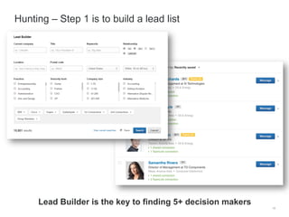 18
Hunting – Step 1 is to build a lead list
Lead Builder is the key to finding 5+ decision makers
 