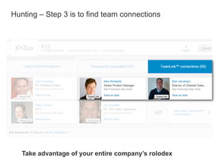 Hunting – Step 3 is to find team connections
Take advantage of your entire company’s rolodex
 
