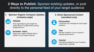 2 Ways to Publish: Sponsor existing updates, or post
directly to the personal feed of your target audience
Personalise
Customise your message for each target
audience
Test
A/B test variations of your content to
optimise performance
Control
What gets published on your Company
page locally or globally
2. Direct Sponsored Content
(newsfeed only)
1. Sponsor Organic Company Updates
(company page)
Validate
Post organically to gain insight into
performance of update before putting
budget behind it
Increase reach
Reach your organic follower base in
addition to your target audience
 