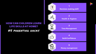 HOW CAN CHILDREN LEARN
LIFE SKILLS AT HOME?
#5 parenting hacks
1
Decision-making skill
3
Time Management
5
Money management
2
Health & Hygiene
4
Build Confidence
 