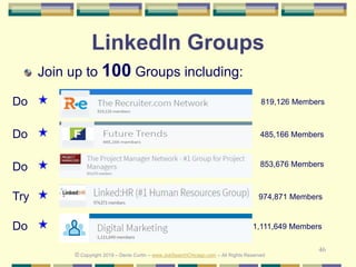 46
LinkedIn Groups
Join up to 100 Groups including:
819,126 Members
485,166 Members
Do
Do
Do
974,871 Members
853,676 Members
Try
© Copyright 2019 – Denis Curtin – www.JobSearchChicago.com – All Rights Reserved
1,111,649 MembersDo
 