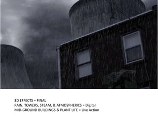 3D EFFECTS – FINALRAIN, TOWERS, STEAM, & ATMOSPHERICS = DigitalMID-GROUND BUILDINGS & PLANT LIFE = Live Action