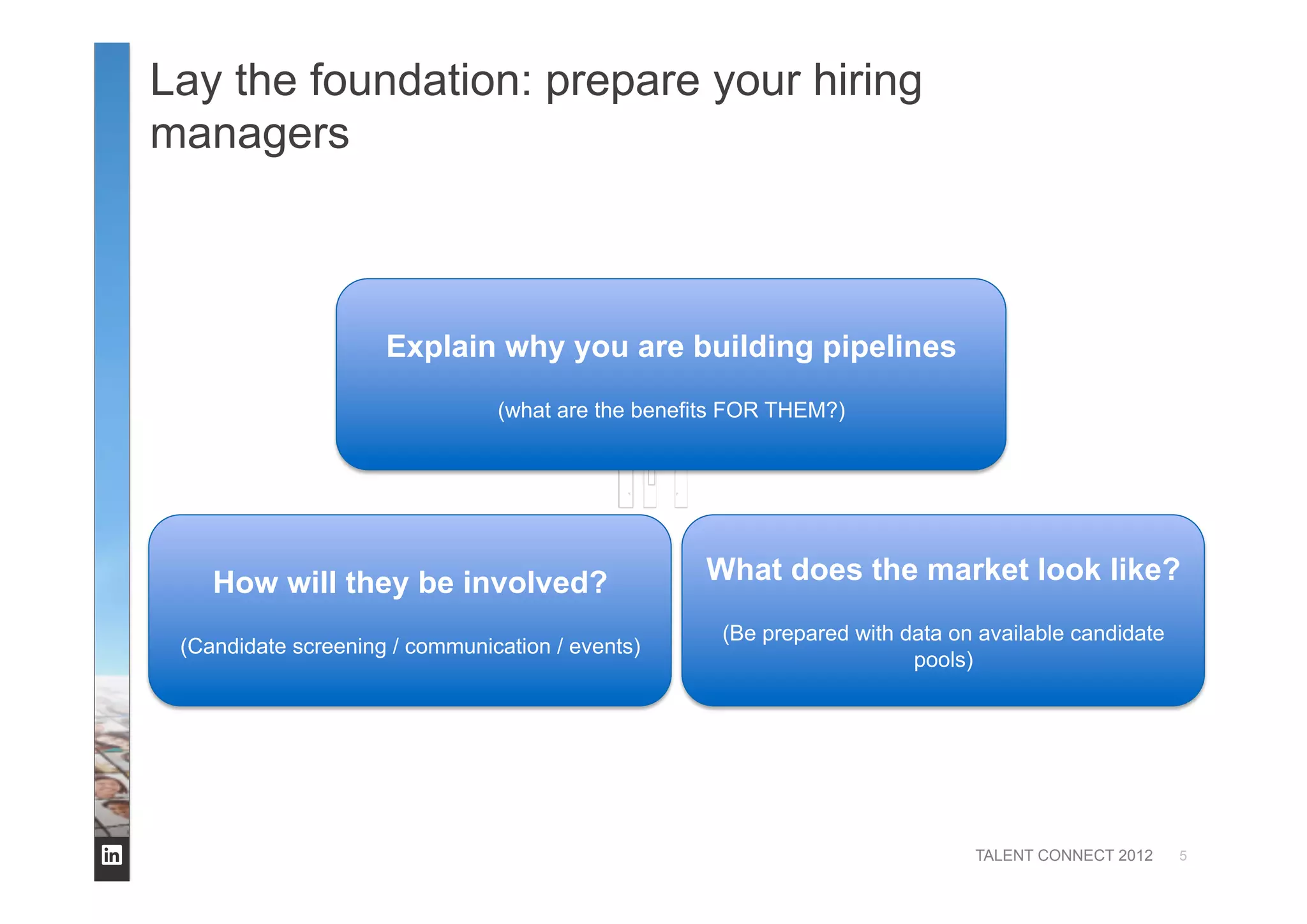 TALENT CONNECT 2012
Lay the foundation: prepare your hiring
managers
5
Explain why you are building pipelines
(what are the benefits FOR THEM?)
How will they be involved?
(Candidate screening / communication / events)
What does the market look like?
(Be prepared with data on available candidate
pools)
 