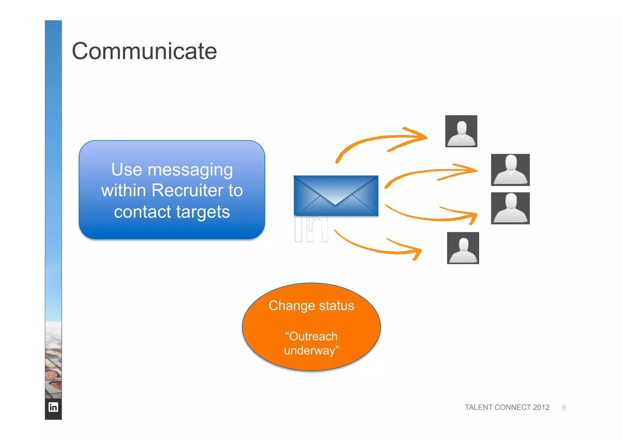 TALENT CONNECT 2012
Communicate
9
Use messaging
within Recruiter to
contact targets
Change status
“Outreach
underway”
 