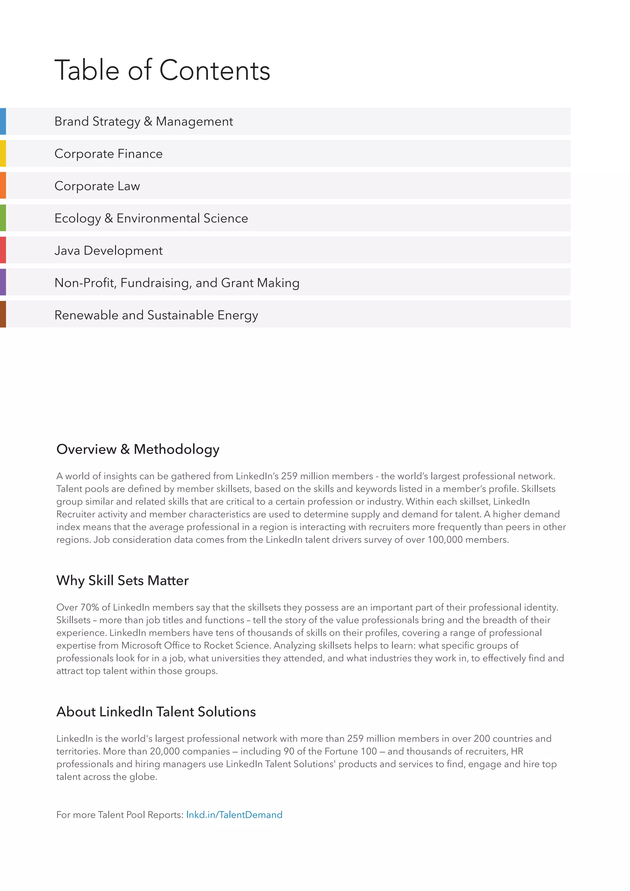 Table of Contents
Overview & Methodology
A world of insights can be gathered from LinkedIn’s 259 million members - the world’s largest professional network.
Talent pools are deﬁned by member skillsets, based on the skills and keywords listed in a member’s proﬁle. Skillsets
group similar and related skills that are critical to a certain profession or industry. Within each skillset, LinkedIn
Recruiter activity and member characteristics are used to determine supply and demand for talent. A higher demand
index means that the average professional in a region is interacting with recruiters more frequently than peers in other
regions. Job consideration data comes from the LinkedIn talent drivers survey of over 100,000 members.
Why Skill Sets Matter
Over 70% of LinkedIn members say that the skillsets they possess are an important part of their professional identity.
Skillsets – more than job titles and functions – tell the story of the value professionals bring and the breadth of their
experience. LinkedIn members have tens of thousands of skills on their proﬁles, covering a range of professional
expertise from Microsoft Ofﬁce to Rocket Science. Analyzing skillsets helps to learn: what speciﬁc groups of
professionals look for in a job, what universities they attended, and what industries they work in, to effectively ﬁnd and
attract top talent within those groups.
About LinkedIn Talent Solutions
LinkedIn is the world's largest professional network with more than 259 million members in over 200 countries and
territories. More than 20,000 companies — including 90 of the Fortune 100 — and thousands of recruiters, HR
professionals and hiring managers use LinkedIn Talent Solutions' products and services to ﬁnd, engage and hire top
talent across the globe.
For more Talent Pool Reports: lnkd.in/TalentDemand
Brand Strategy & Management
Corporate Finance
Corporate Law
Ecology & Environmental Science
Java Development
Non-Proﬁt, Fundraising, and Grant Making
Renewable and Sustainable Energy
 