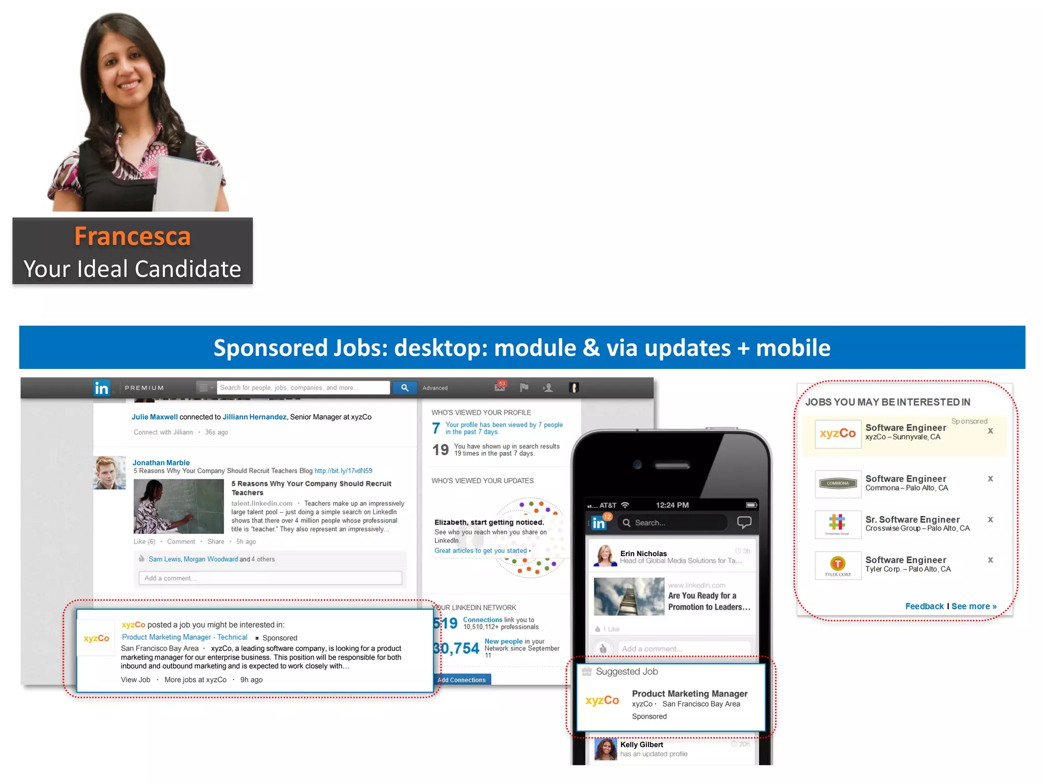 Francesca
Your Ideal Candidate
Sponsored Jobs: desktop: module & via updates + mobile
Julie Maxwell connected to Jilliann Hernandez, Senior Manager at xyzCo

Jonathan Marble

Erin Nicholas

xyzCo posted a job you might be interested in:

xyzCo

·

Sponsored
San Francisco Bay Area · xyzCo, a leading software company, is looking for a product
marketing manager for our enterprise business. This position will be responsible for both
inbound and outbound marketing and is expected to work closely with…
View Job · More jobs at xyzCo · 9h ago

xyzCo

xyzCo · San Francisco Bay Area
Sponsored

Kelly Gilbert

 