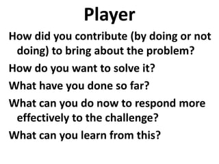 Player
How did you contribute (by doing or not
doing) to bring about the problem?
How do you want to solve it?
What have you done so far?
What can you do now to respond more
effectively to the challenge?
What can you learn from this?
 