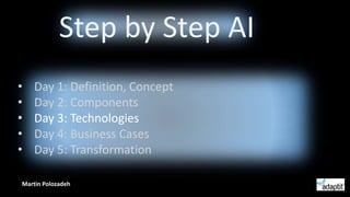 • Day 1: Definition, Concept
• Day 2: Components
• Day 3: Technologies
• Day 4: Business Cases
• Day 5: Transformation
Step by Step AI
Martin Polozadeh
 