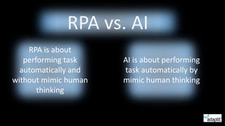 RPA is about
performing task
automatically and
without mimic human
thinking
RPA vs. AI
AI is about performing
task automatically by
mimic human thinking
 