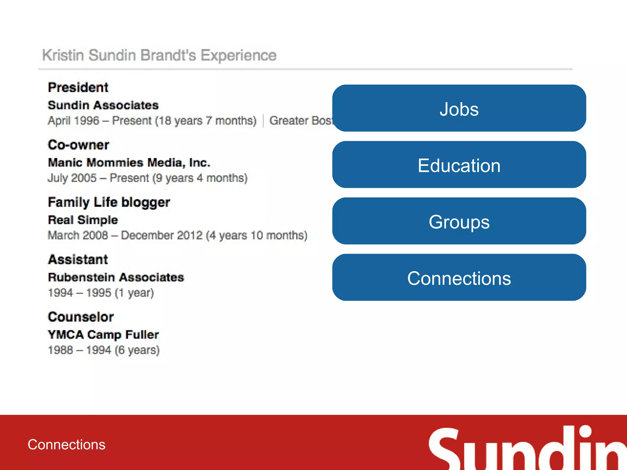 Connections 
Jobs 
Education 
Groups 
Connections 
 