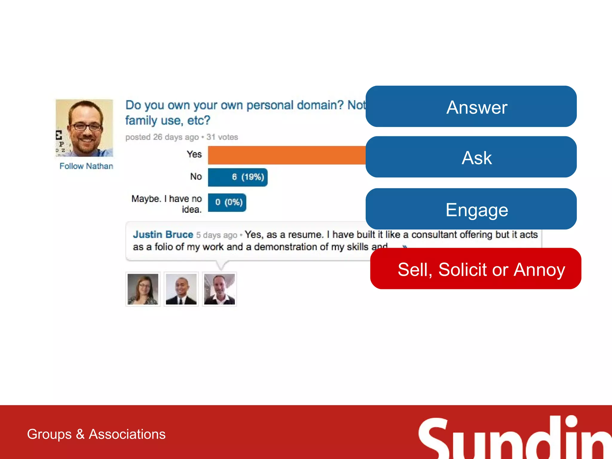 Answer 
Ask 
Engage 
Sell, Solicit or Annoy 
Groups & Associations 
 