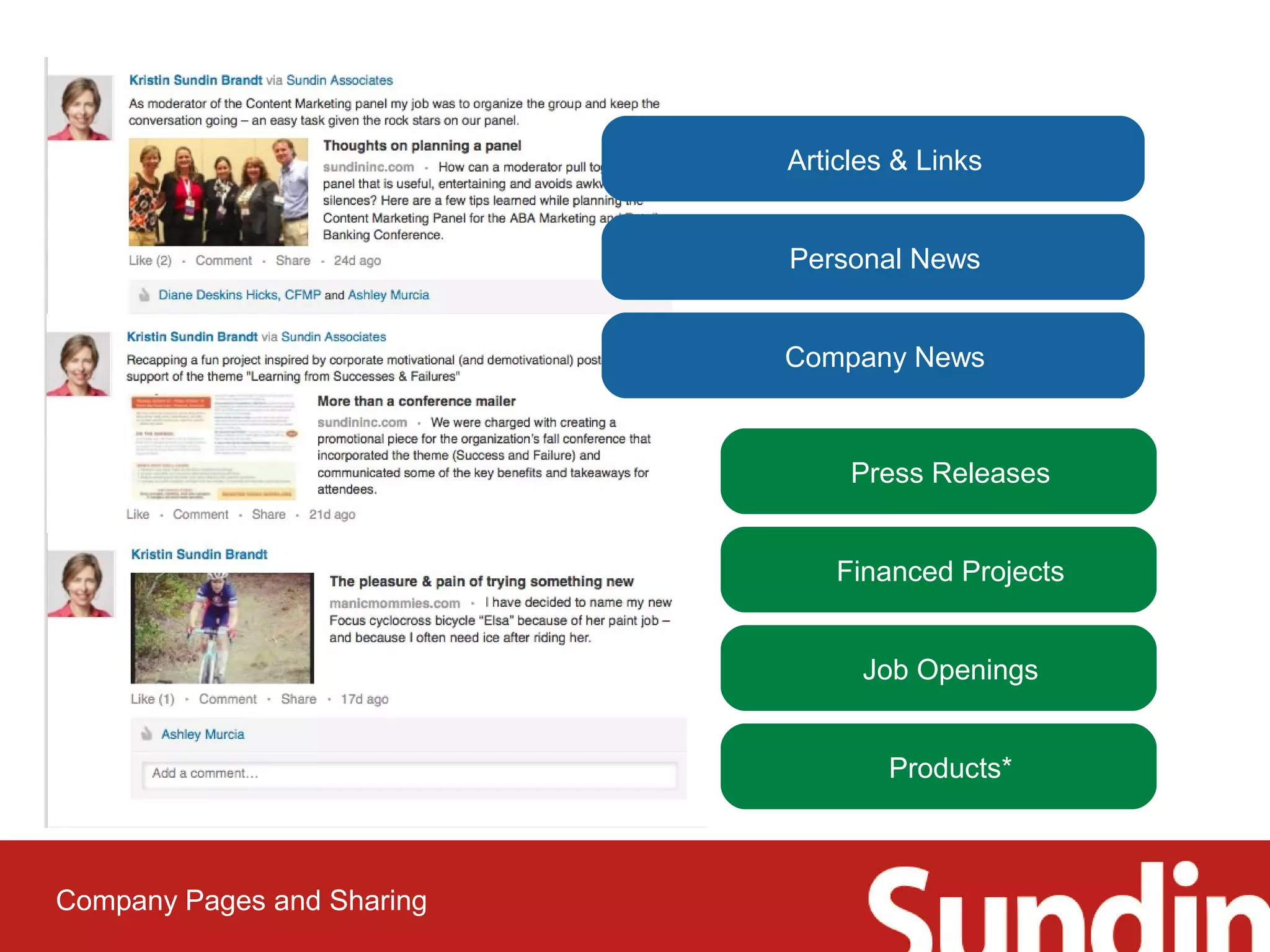 Articles & Links 
Personal News 
Company News 
Press Releases 
Financed Projects 
Job Openings 
Products* 
Company Pages and Sharing 
 