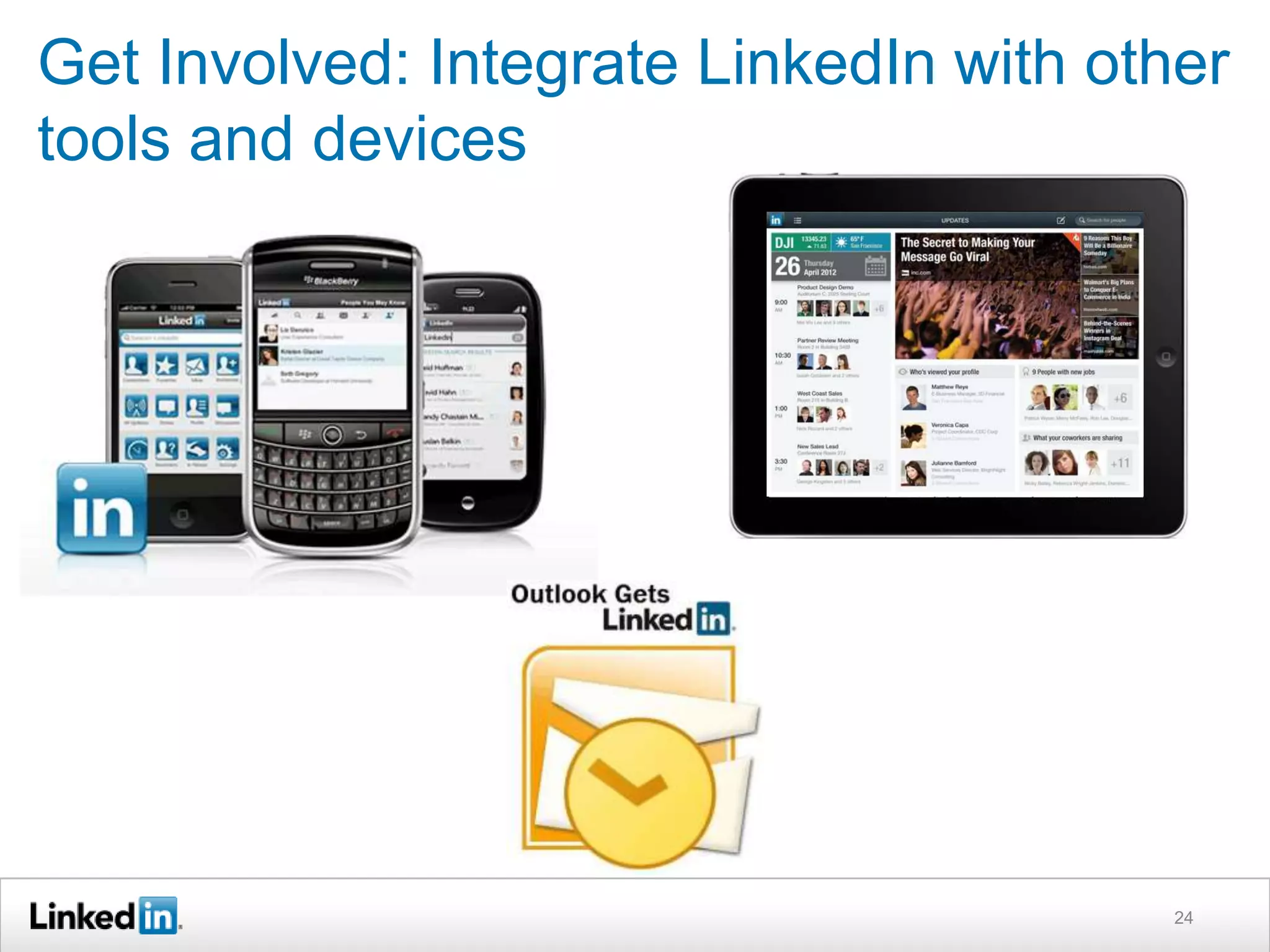 Get Involved: Integrate LinkedIn with other
tools and devices

24

 