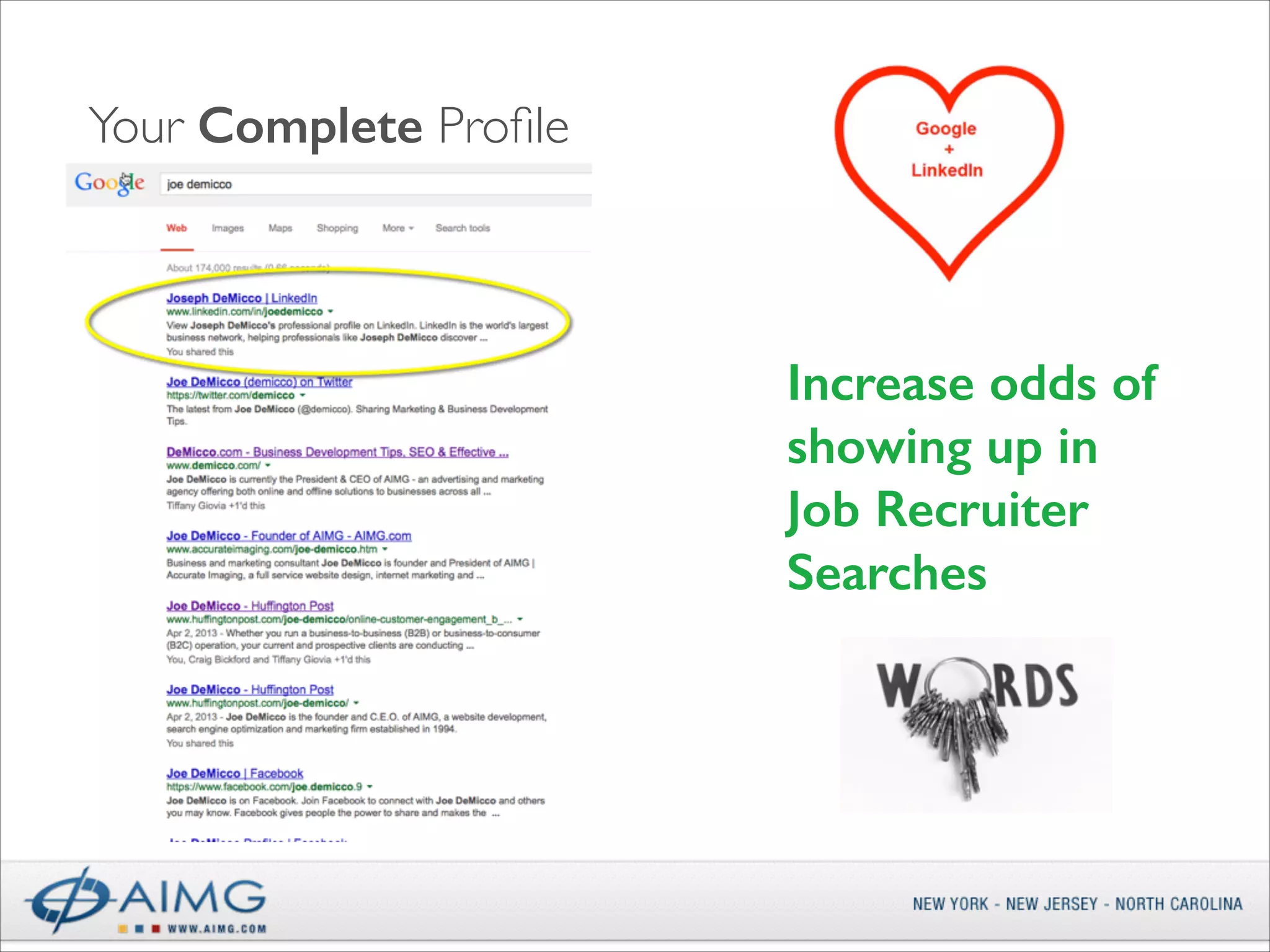 Your Complete Proﬁle

Increase odds of
showing up in  
Job Recruiter
Searches

 
