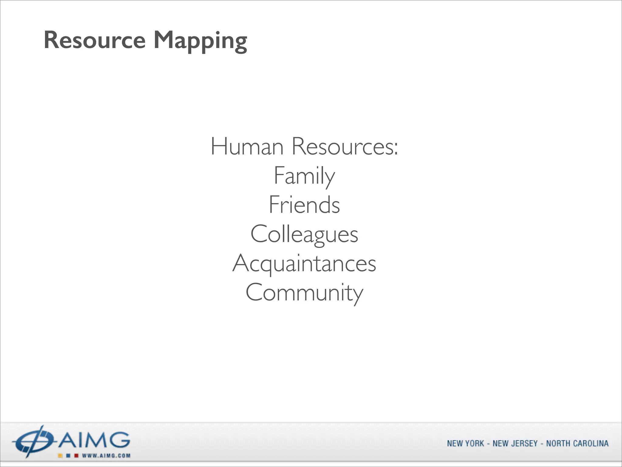 Resource Mapping

Human Resources:	

Family	

Friends	

Colleagues	

Acquaintances	

Community	


 