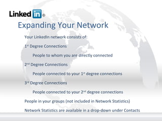 Expanding Your Network Your LinkedIn network consists of: 1 st  Degree Connections People to whom you are directly connected 2 nd  Degree Connections People connected to your 1 st  degree connections 3 rd  Degree Connections People connected to your 2 nd  degree connections People in your groups (not included in Network Statistics) Network Statistics are available in a drop-down under Contacts       