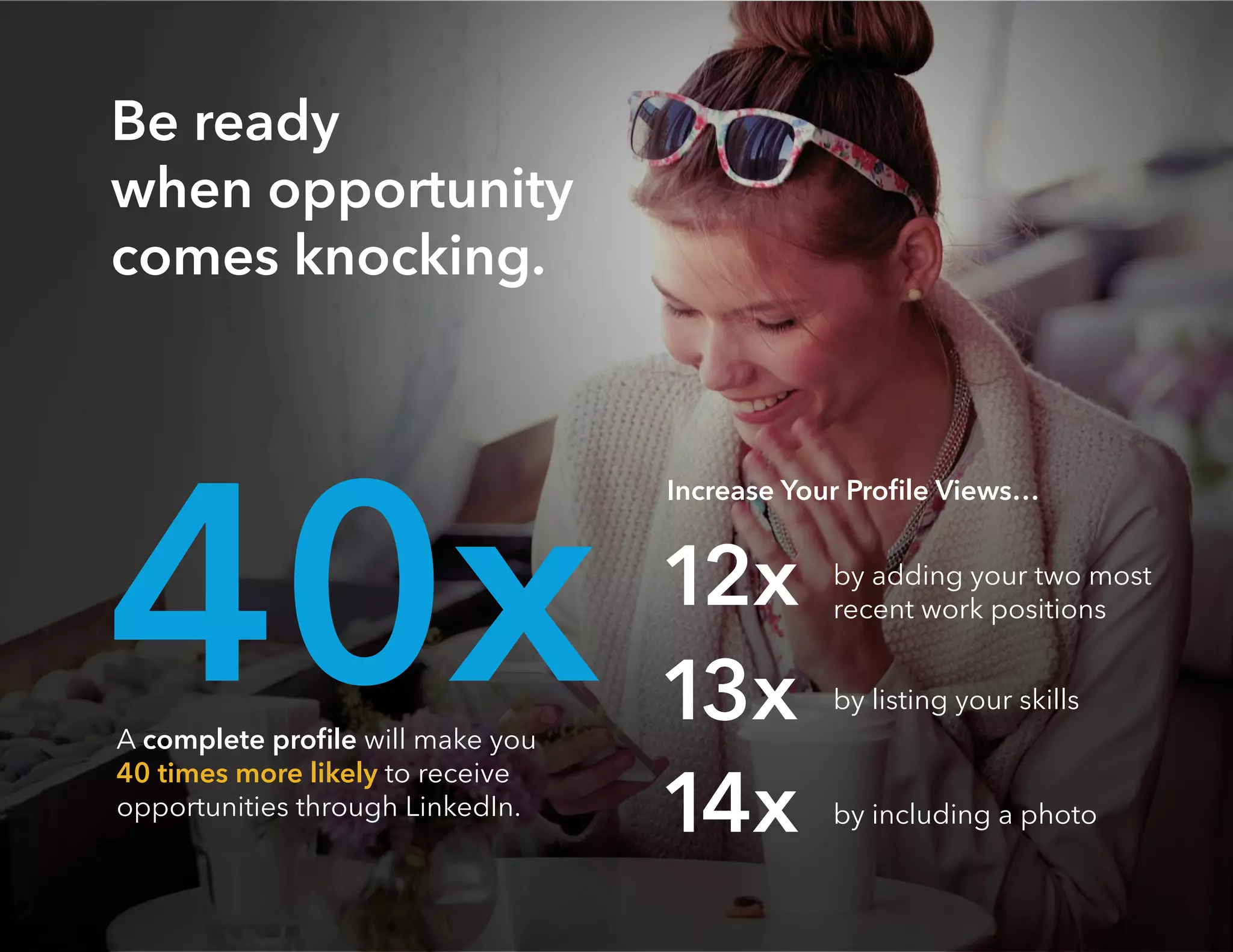 Be ready
when opportunity
comes knocking.
A complete proﬁle will make
you more likely to receive
opportunities through LinkedIn.
Increase Your Proﬁle Views…
by adding your two most
recent work positions12x
by listing your skills13x
by including a photo14x
 