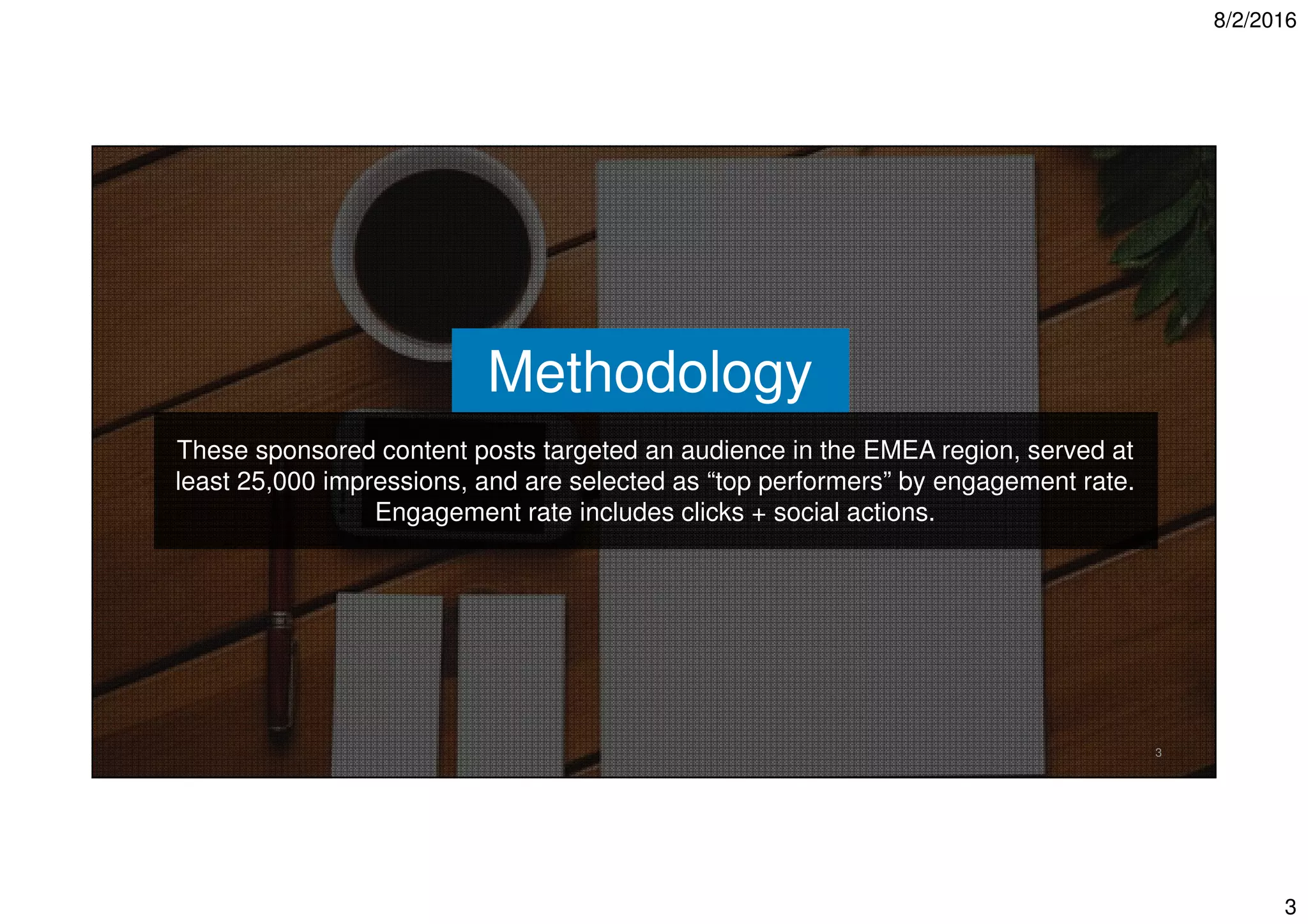8/2/2016
3
3
Methodology
These sponsored content posts targeted an audience in the EMEA region, served at
least 25,000 impressions, and are selected as “top performers” by engagement rate.
Engagement rate includes clicks + social actions.
 