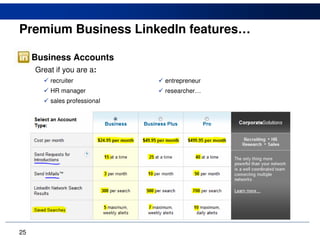 Premium Business LinkedIn features…

     Business Accounts
     Great if you are a:
         recruiter            entrepreneur
         HR manager           researcher…
         sales professional




25
 