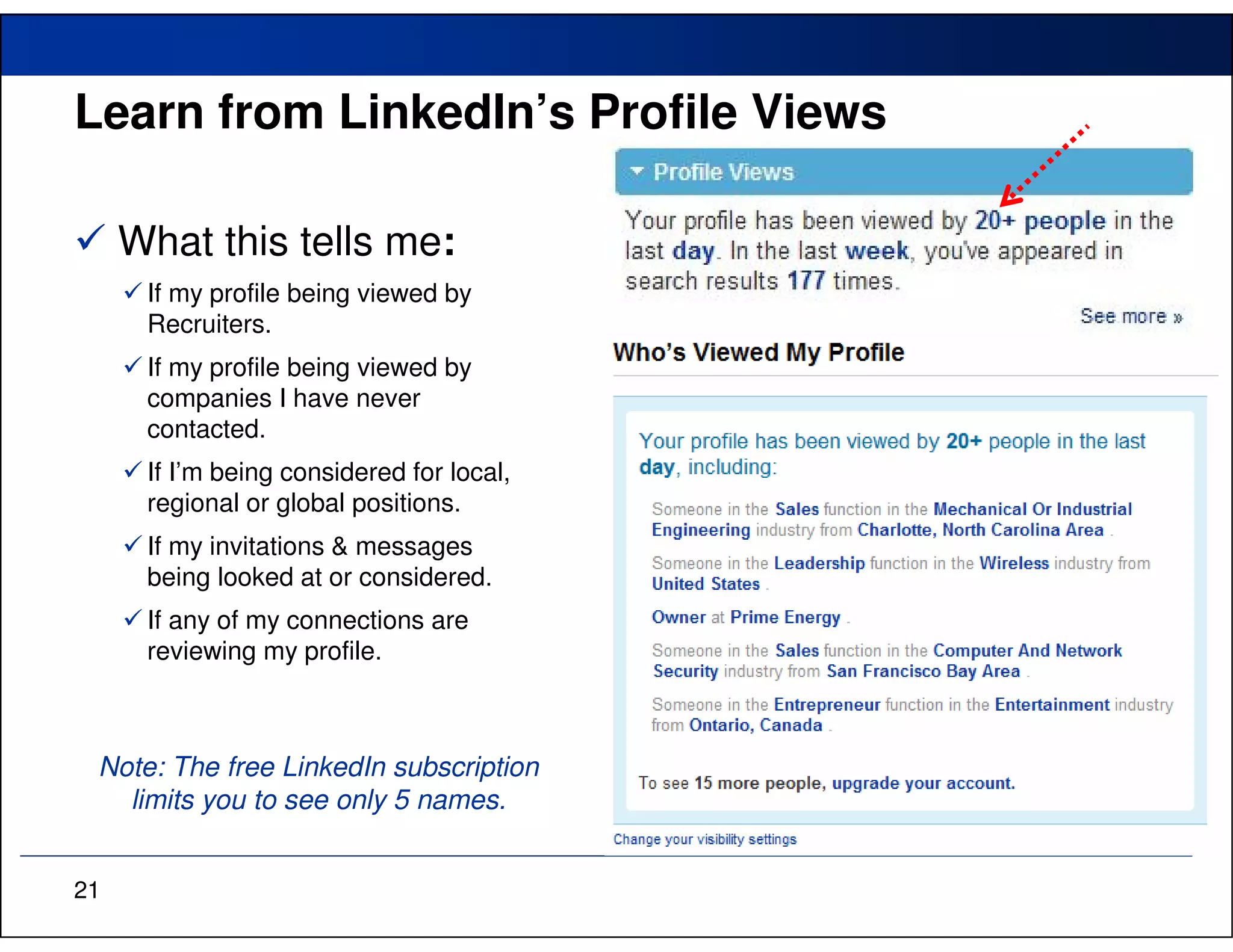 Learn from LinkedIn’s Profile Views

     What this tells me:
      If my profile being viewed by
      Recruiters.
      If my profile being viewed by
      companies I have never
      contacted.
      If I’m being considered for local,
      regional or global positions.
      If my invitations & messages
      being looked at or considered.
      If any of my connections are
      reviewing my profile.



 Note: The free LinkedIn subscription
   limits you to see only 5 names.


21
 