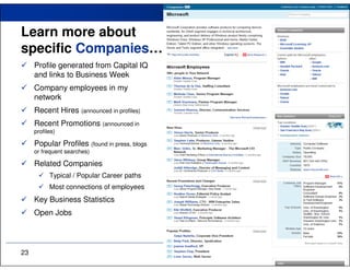 Learn more about
specific Companies…
     Profile generated from Capital IQ
     and links to Business Week
     Company employees in my
     network
     Recent Hires (announced in profiles)
     Recent Promotions (announced in
     profiles)

     Popular Profiles (found in press, blogs
     or frequent searches)

     Related Companies
           Typical / Popular Career paths
           Most connections of employees
     Key Business Statistics
     Open Jobs




23
 
