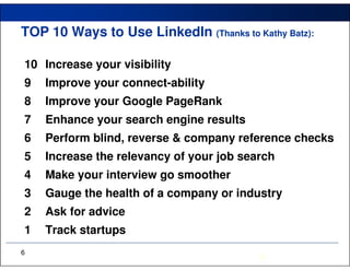 TOP 10 Ways to Use LinkedIn (Thanks to Kathy Batz):

10 Increase your visibility
9   Improve your connect-ability
8   Improve your Google PageRank
7   Enhance your search engine results
6   Perform blind, reverse & company reference checks
5   Increase the relevancy of your job search
4   Make your interview go smoother
3   Gauge the health of a company or industry
2   Ask for advice
1   Track startups
6
                                          a
 