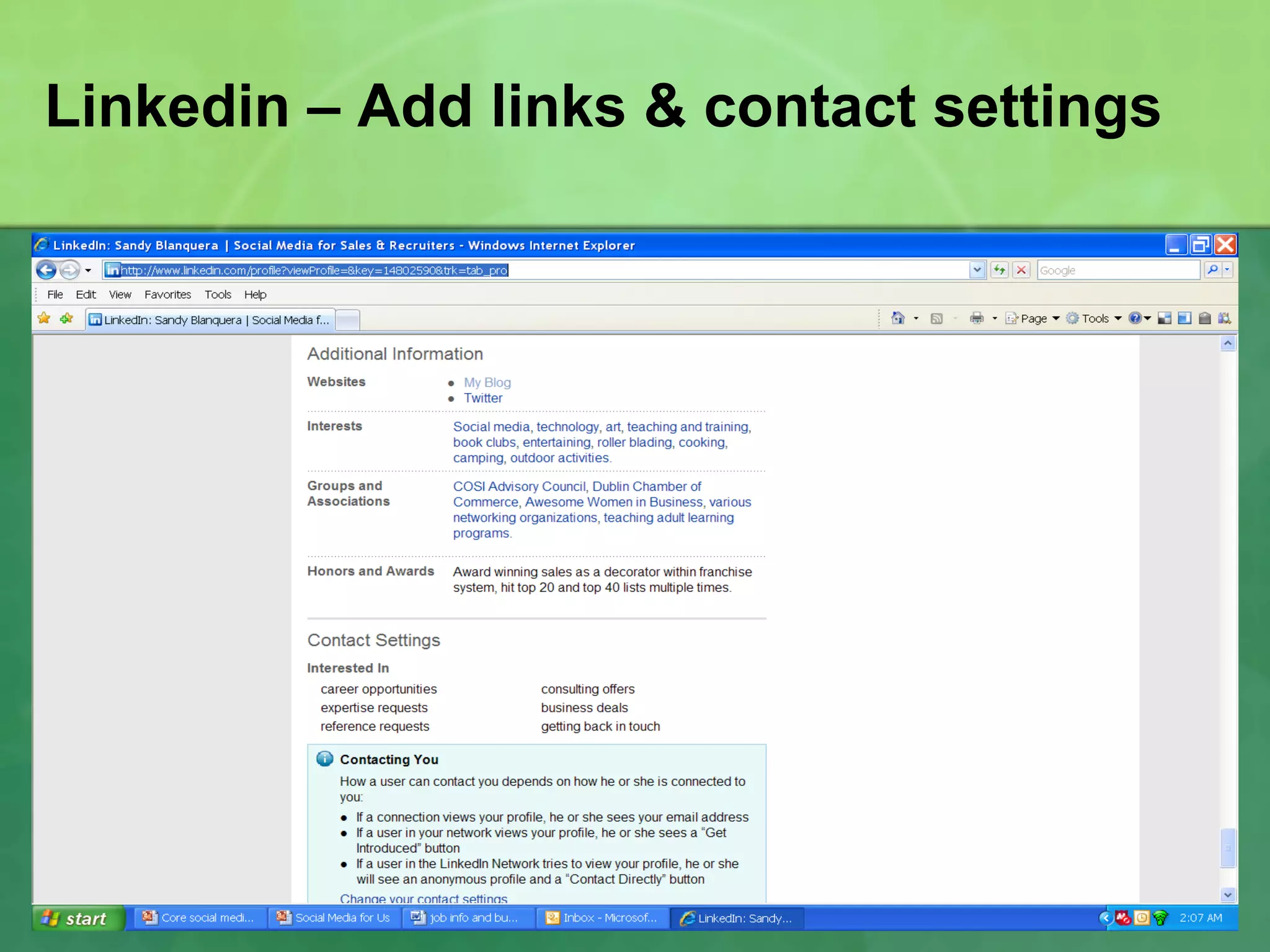 Linkedin – Add links & contact settings 