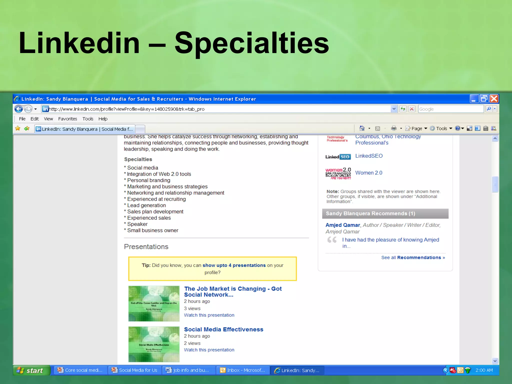 Linkedin – Specialties 