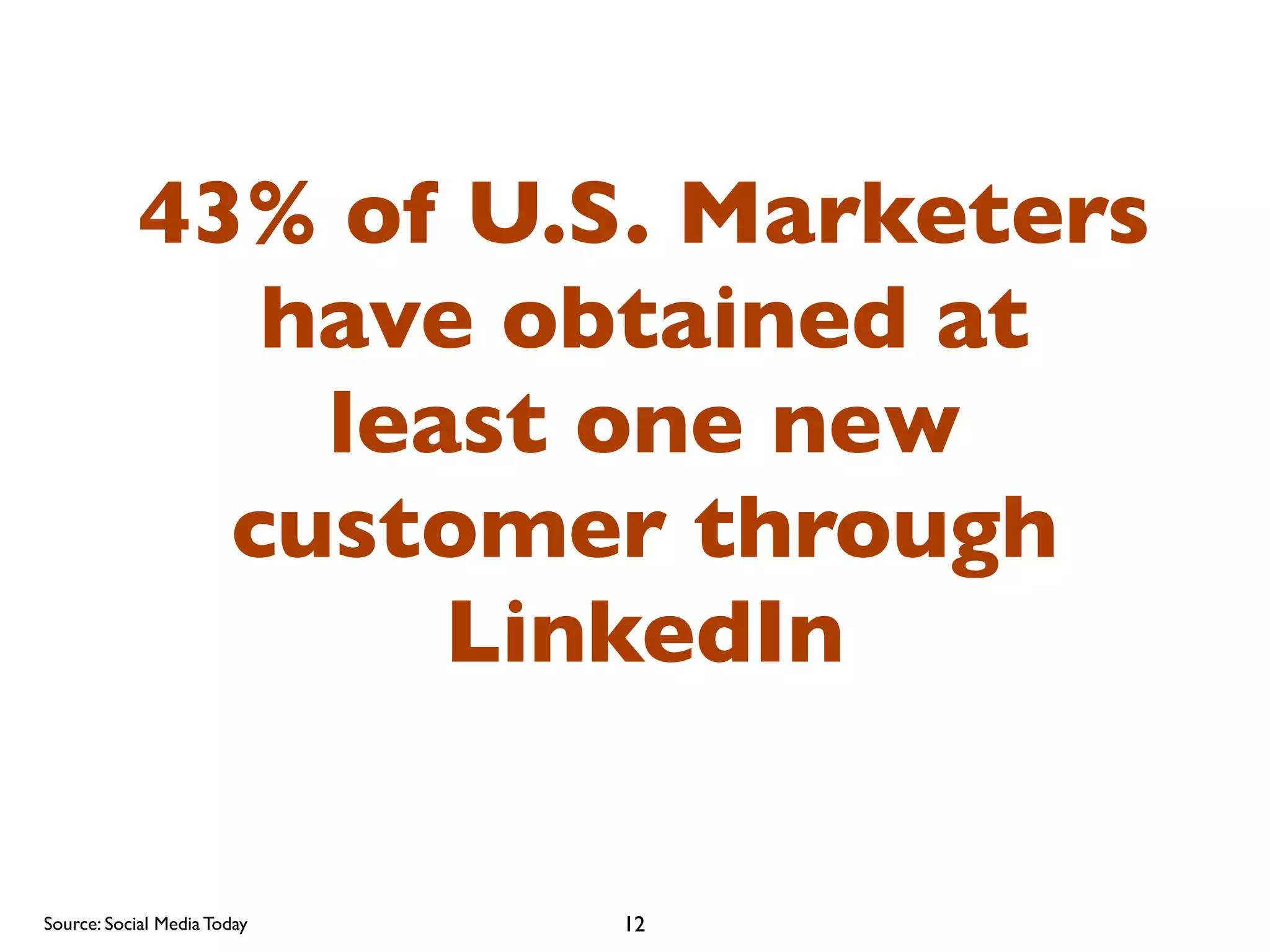 43% of U.S. Marketers
have obtained at
least one new
customer through
LinkedIn

Source: Social Media Today

12

 