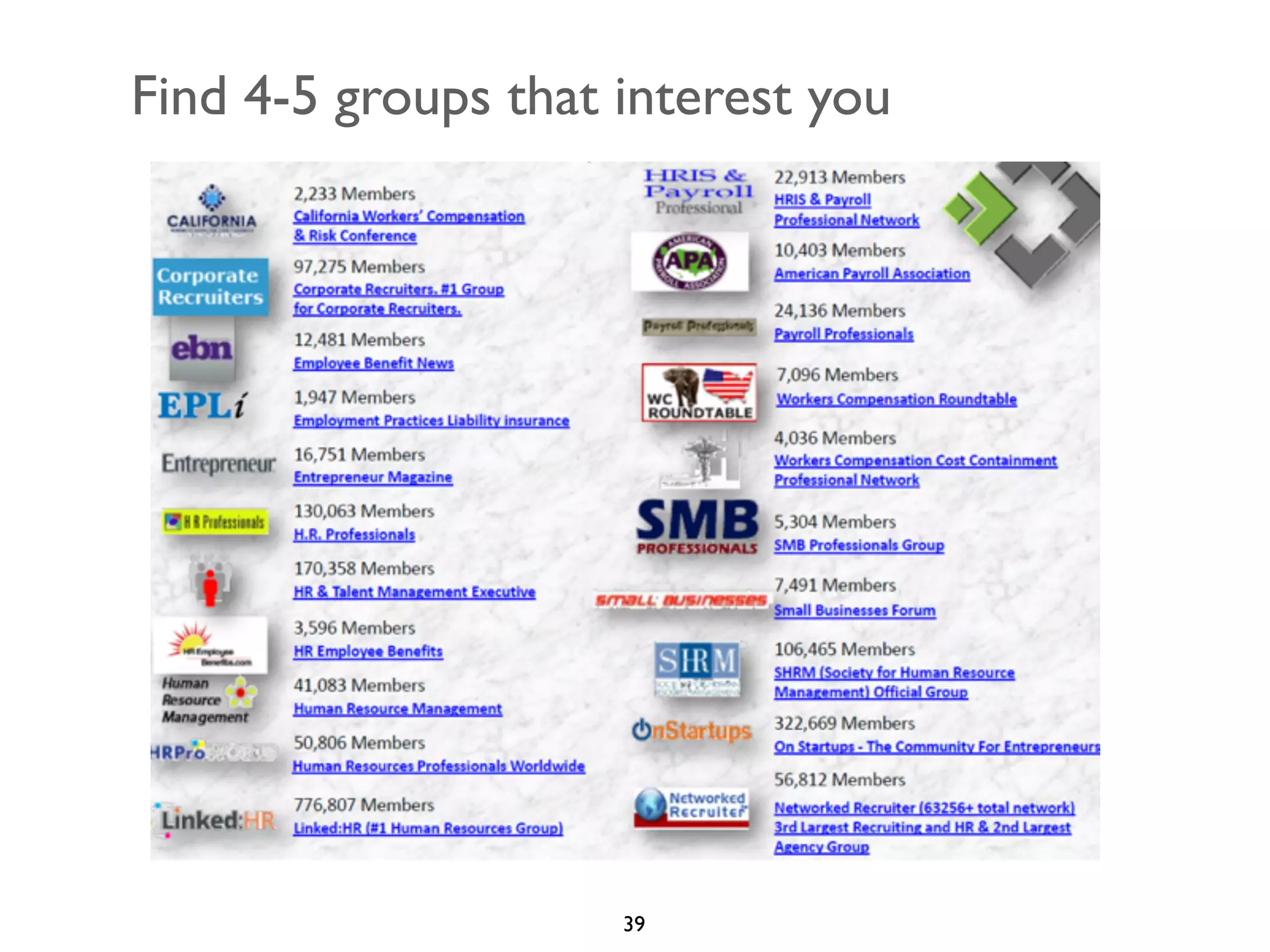 Find 4-5 groups that interest you

39

 
