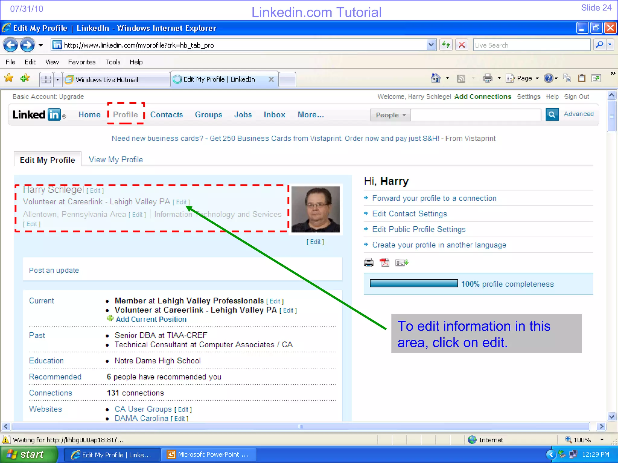 To edit information in this area, click on edit. 