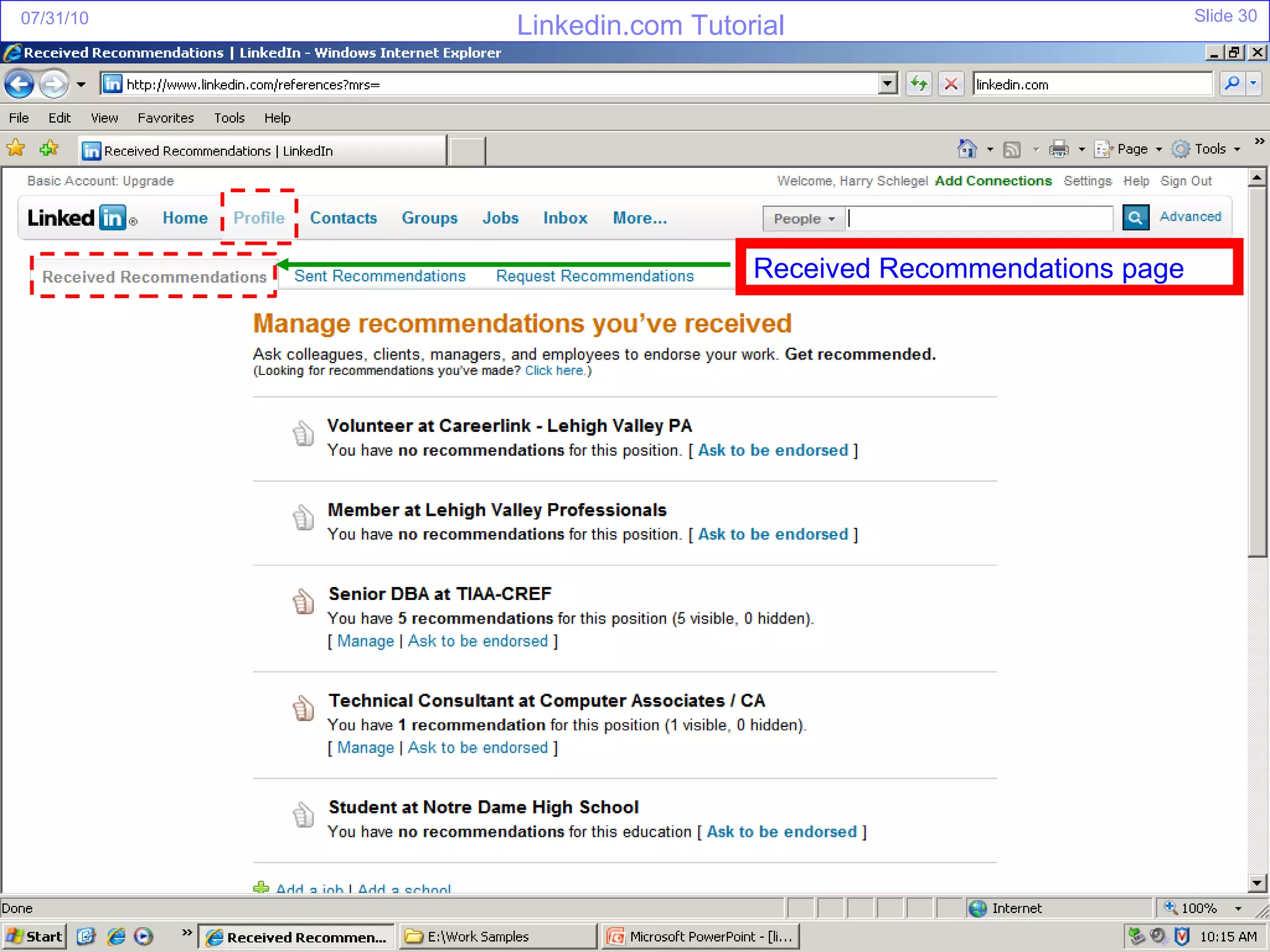 Received Recommendations page 
